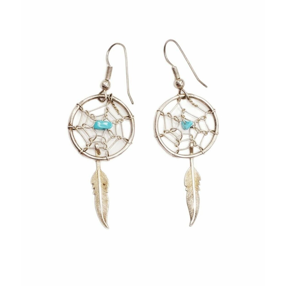 Vintage Navajo Southwest Turquoise DREAM CATCHER Feather Web 925 Silver Earrings